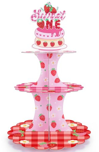 VorkiVecKi Cupcake-Ständer mit Erdbeeren-Motiv, Beeren, Tischdekoration, 3-stöckig, für Kuchen, Dessert, Papierturm, Gebäckhalter, Shortcakes, gestufter Topper für Baby, Mädchen, süßes Partyzubehör