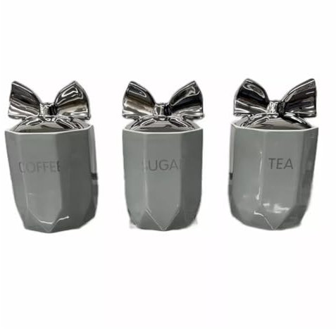 Ceramic Tea Coffee Sugar Canisters Set Decorative kitchen Food storage Container Canister Jars Silver Bow Airtight Lids for Home Kitchen, Your Favorite Tea, Sugar, and Coffee - Set of 3 (Grey)