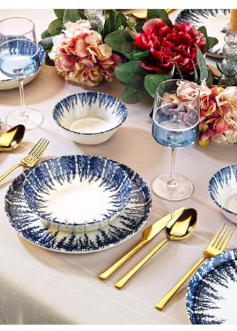 Elegante juego de cena de 18 piezas, 100% porcelana, azul y blanco, incluye platos de servicio, cuencos y platos, apto para lavavajillas y microondas, perfecto para cualquier ocasión