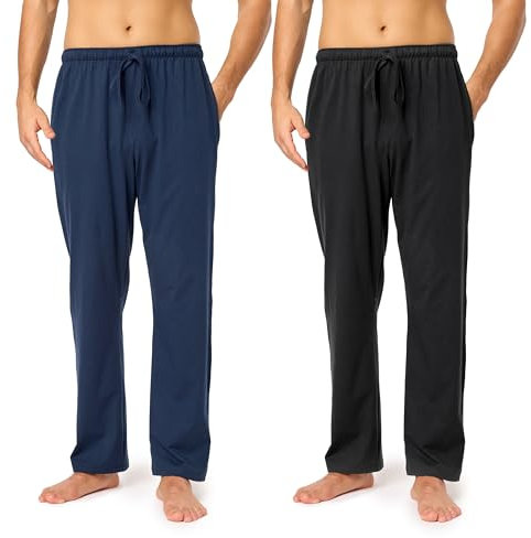 Timone Herren Schlafanzugshose Lang Pyjamahose aus Baumwolle Freizeithose Schlafhose Loungewearhose mit Taschen Nachtwäsche Hose für Herren Sleepwear TPP-001 ((2Pack) Dunkelblau/Schwarz, L)
