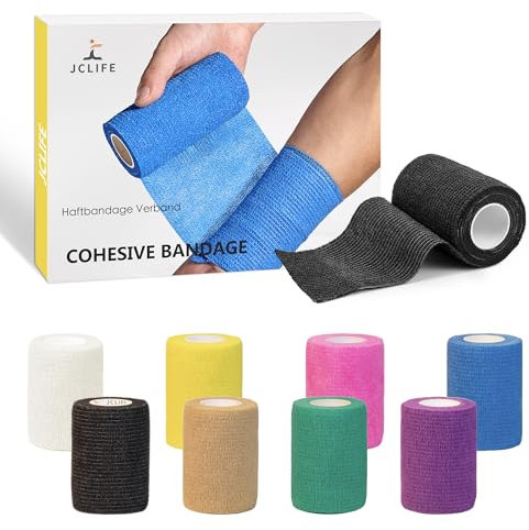 JCLIFE Venda Autoadhesiva, 7,5 cm x 450 cm Multicolor Vendaje Cohesivo Apto Pra Mascotas, Primeros Auxilios y fijación Médica - 8 Rollos