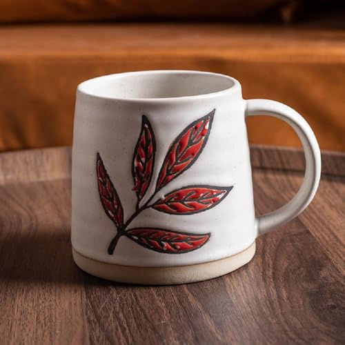 MAGICVOGEL Keramik Kaffeetasse 400ml Kaffeebecher Blätter Muster Trinkbecher Retro Kakaobecher Teetasse Milchbecher Geschenk für Weihnachten Neujahr Party Muttertag (Rot-Blatt)
