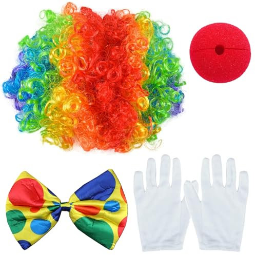 Guyode 4 Piezas Accesorios Disfraz Payaso Niño, Peluca Pelo Rizado de Arco Iris Payaso Nariz de Payaso Conjunto de Disfraz Pajarita Blancos Guantes para Fiesta Cosplay Espectáculo Circo Carnaval