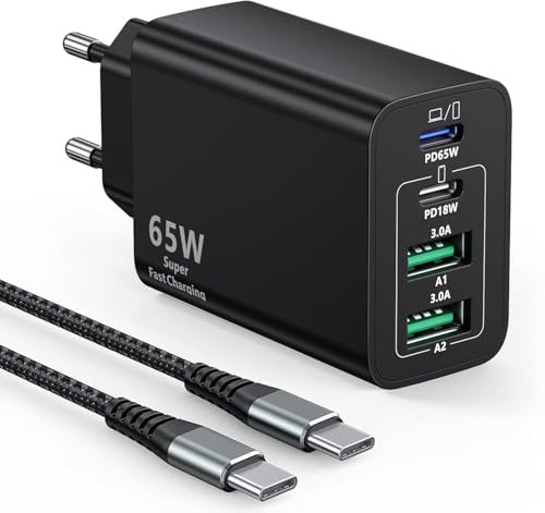 USB C Ladegerät 65W mit Ladekabel, 4-Port GaN Schnellladegerät, 65W Netzteil Laptop Power Adapter kompatibel mit MacBook Pro/Air/iPad/iPhone 15/16 Pro Max/Galaxy S23/S24 (2M USB C-C Ladekabel)