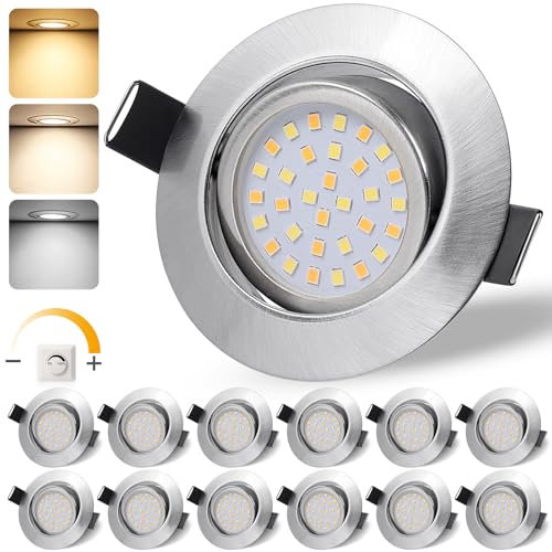 GeyouLux LED Einbaustrahler 230V IP44, 6W Dimmbar Deckenspots, Einbauleuchten 65-75mm EinbauØ, 45° Schwenkbar 3000K Warmweiß 4000K Neutralweiß 6500K Kaltweiß Ultra Flach Einbauspots, 12er Set Nickel