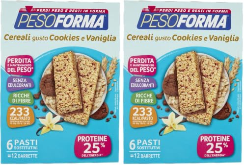 Pesoforma Barrette Cereali Croccanti gusto Cookies e Vaniglia, Pasti sostitutivi dimagranti, Ricco in proteine, 12 x 31 g (Confezione da 2)