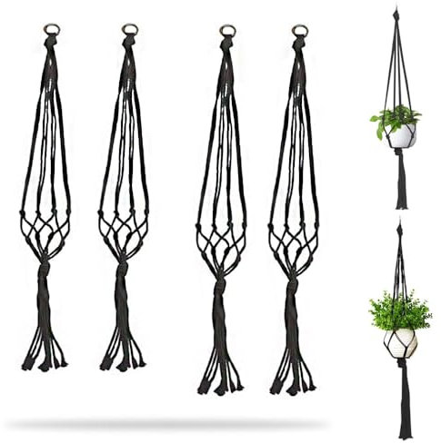 HZYUEKUN Cotton Rope Woven Lanyard - 4 Packs Simple Plant Hanger, Basket Plant Pot Hanging Plants Holder, Flower Pot String for Indoor Outdoor Garden Home Plants Decoration - 80 CM & 100CM (Black)