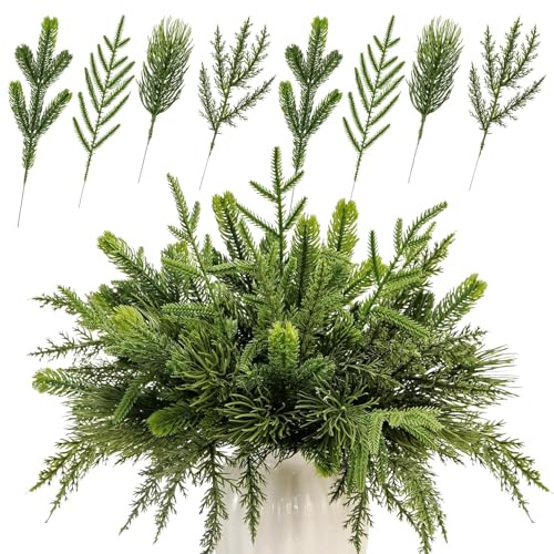 Donfulily Künstliche Tannenzweige aus Norfolk-Stiel, künstliche Zedernholz, verschiedene Weihnachtsblätter, grüne Nadeln, Zweige für Weihnachten, Vasenfüller, DIY, Basteln, Girlande, Kranz