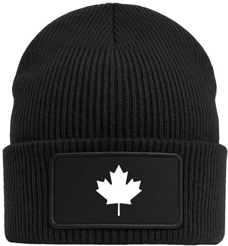 Huuraa Beanie Ahornblatt Kanada Geschenk | Black Geschenkidee Schwarze Rippstrick Wintermütze mit austauschbarem Klett Patch
