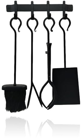 Relaxdays Kaminbesteck, 5-TLG. Set, Schürhaken, Schaufel, Aschebesen, Feuerzange, Wandhalterung, Ofengarnitur, schwarz