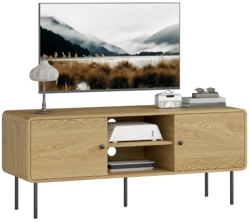 HOMCOM Porta TV 120 cm, porta TV per televisori fino a 55 con 2 ante, 2 scomparti aperti e gambe in acciaio, gestione dei cavi, panca TV moderna per soggiorno, camera da letto, rovere