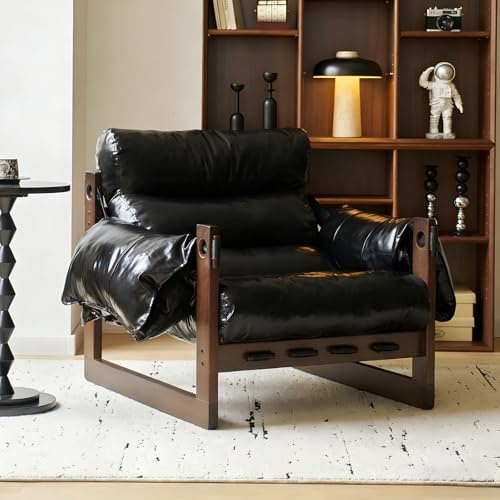 Mid-Century Retro Loungesessel, Ölwachsleder Gepolsterter Relaxsessel mit Massivholzrahmen, Ergonomischer Einzelsofa mit Armlehnen, Bequemer Lazy Sofa Sessel fürs Wohnzimmer Schlafzimmer Schwarz 120kg