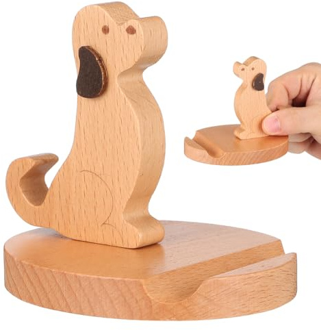 Kisangel Wooden Phone Stand: Anti-Slip Dog Shape Mobile Holder | Cute Timber Smartphone Desk Mount Bracket for Home Office Tabletop & Girls Personalised Gift.