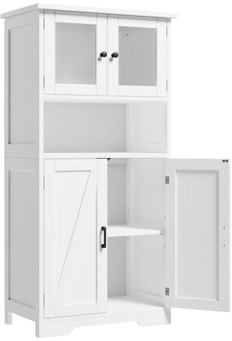 Zstar Muebles de Cocina, Armario de Almacenaje, Armario Aparador | con Puertas de Cristal y Estantes Ajustables, para Salón y Cocina, Estilo Moderno, 60 * 30 * 128 cm (Blanco)