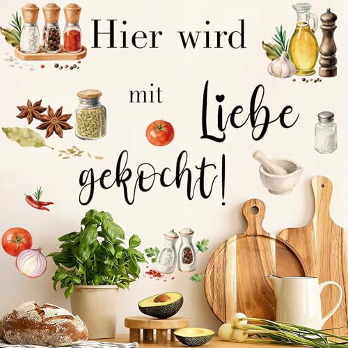 CHDITB Hier wird mit Liebe gekocht Küche Wandtattoo Gewürze Kochen Tomate Wandaufkleber für Esszimmer Rustikale Selbstklebende Wanddekoration für Küche Restaurant Küchenschrank Einzugsgeschenk