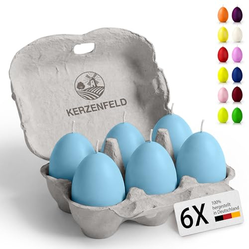 Bunte Eierkerzen 6 Stück, 60 x 45mm hochwertige Osterdeko - Ostereier Kerzen mit 7+ Stunden brenndauer, Made in Germany - Unparfümiert und RAL-Zertifiziert (Pastell Blau)