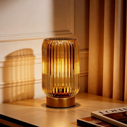 MJ PREMIER Tischlampe Kabellose Gelb Glaslampe mit Timer | Vertikalen Rillen Tischleuchte mit Timer, Warmlicht Retro Nachttischlampe, tragbare Deko Lampe als Geschenk für Innenräume