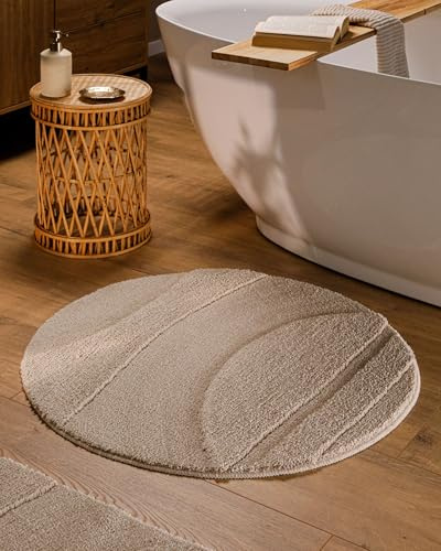 Wecon Home Badteppich Marc, 80 cm rund, Sand beige | Hoch-Tief-Effekt, waschbar 30°C, rutschhemmend
