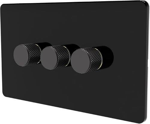 SAMOTECH Smart Matter Dimmer Switch Push On/Off-Rotary control for LED and Halogen Lights - Plastic Faceplate & Metallic Knob - Black/Grey 3-Gang