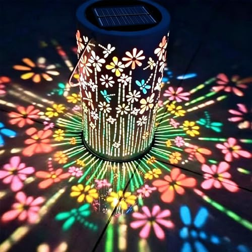 Solarlaterne für Außen Hängend - Bunte Blumen Solarlampen aus Metall für Draußen - IP65 Wasserdicht Solarleuchte Gartendeko mit Haken für Terrasse Rasen Balkon Hof, Geschenk für Frauen & Mama