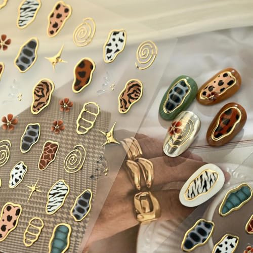 TESGADGETS Nail Stickers, French Leopard Pattern Nail Art Stickers with Colour-Shifting Gold, 5D Embossed Irregular Geometric Design for DIY Manicure Decoration