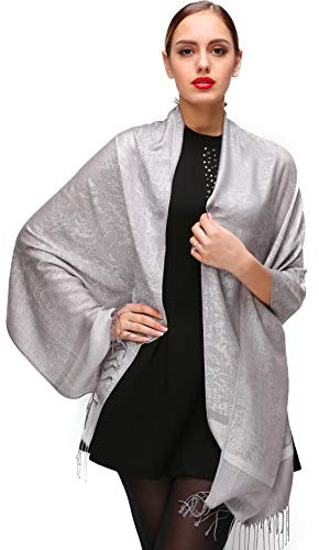 Shmily Girl Damen Schultertuch Stola - Eleganter Pashmina Schal mit floralem Muster in vielen Farben (One Size, Silber-c114)