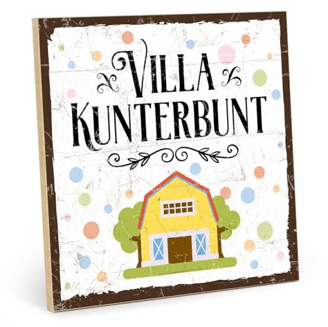 TypeStoff Holzschild mit Spruch – VILLA KUNTERBUNT – im Vintage-Look mit Zitat als Geschenk und Dekoration - HS-00498