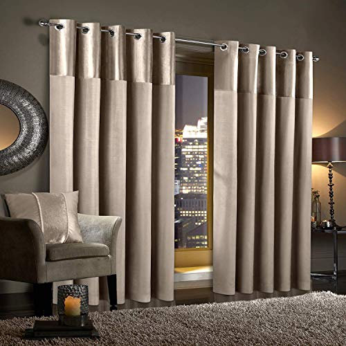 Gran Reno Crushed Velvet Curtains PAIR Faux Silk Fully Lined Eyelet Ring Top Curtains (Mink, 66 Width x 54 Drop)