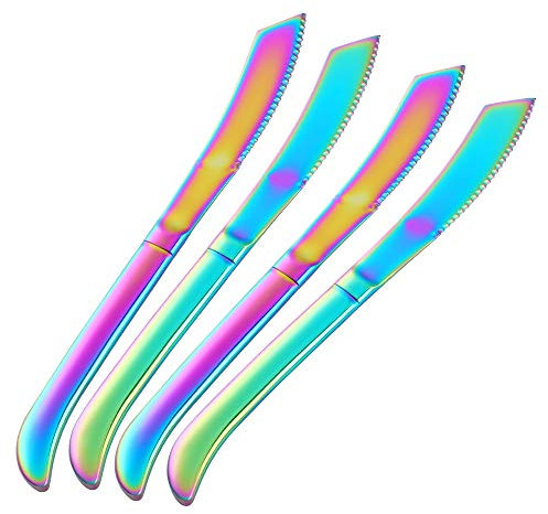 SBOMHS Edelstahl Rostfrei Steakmesser set 4 stück Tafelmesser 230mm Länge Ergonomischem Griff Menümesser Kreative Steak Besteck knives Spülmaschinenfest/Regenbogen