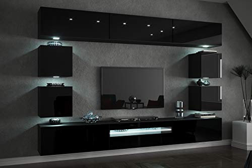 FURNITECH Wohnwand mit LED RGB - 16 Farben - Hängend Modern - Möbel mit Regale und TV Schrank für Wohnzimmer (Future C81-HG-B1 1A - 257 cm)