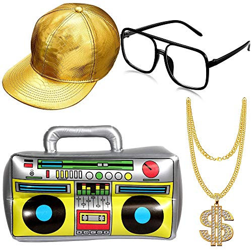 MoKu 4 Stück Set Hip-Hop Kostüm Set, Hip Hop Kostüm Golden Baseball Cap,Schaffen Sie Eine Hip-Hop-Atmosphäre Für Partys, Rap-Konzerte und andere outdoor-Aktivitäten