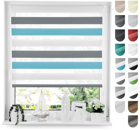 Tom'Shop Doppelrollo Klemmfix ohne Bohren Grau-Blau-Weiß 75cm x 220cm | Duo Rollo mit Klemmträger Fensterrollo Seitenzugrollo für Lichtschutz Sichtschutz Sonnenschutz leichte Montage