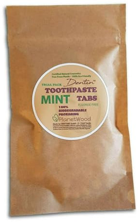 PlanetWood Dentin Toothpaste Tablets NO Fluoride - 100% Natural Certified Cosmetics - DENTTABS - 100% Biodegradable Food Safe Packaging - Plastic, Gluten & Cruelty Free (15 Tabs, 1 Week Trial)