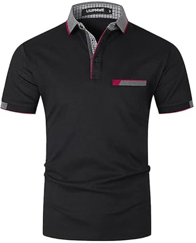 LIUPMWE Poloshirt Herren Kurzarm Baumwolle mit Brusttasche Polohemd Regular Fit Basic Streifen Tennis Golf T-Shirt,schwarz 1,XL
