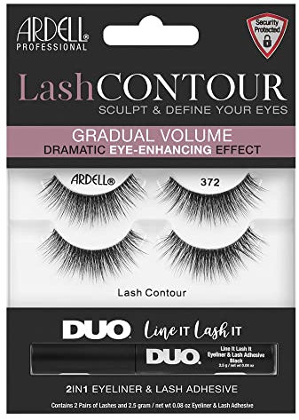 ARDELL Lash Contour (Style 372), 2er Set mit Kleber - Künstliche Wimpern inklusive DUO Line It Lash It Wimpernkleber schwarz, Voluminöse Fake Lashes für den Cat Eye Effekt | vegan & wieder verwendbar