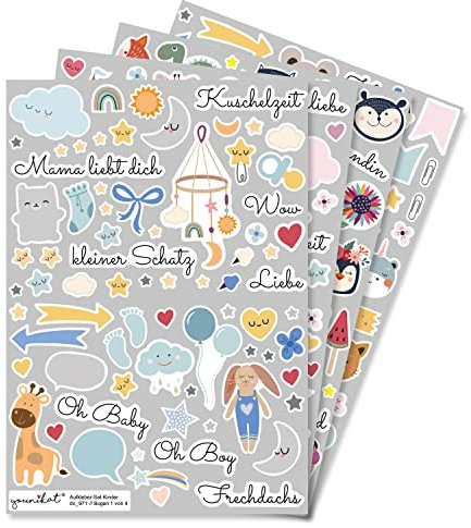 Aufkleber-Set für Kinder und Fotoalben I über 200 Sticker I DIY Scrapbooking-Aufkleber mit Sprüchen und Tieren I zum Gestalten I Scrapbook und Bullet Journal Zubehör I dv971