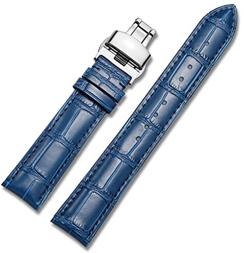 MUENShop Verlängertes Echtleder Armband XXL Schnellverschluss 18mm-22mm mit Faltschließe Schmetterlingsschnalle (Blau, XXL-18mm)