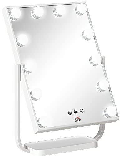 HOMCOM Espejo de Maquillaje con Luz Espejo Hollywood de Mesa con 12 LED 3 Modos y Luz Ajustable Pantalla Táctil y Función de Memoria para Dormitorio Baño 32,8x11x47,4 cm Blanco