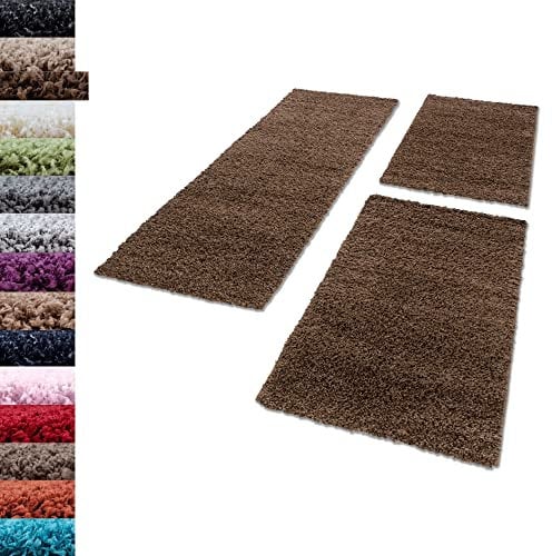Carpettex Bettumrandung Schlafzimmer 3teilig Shaggy Teppich Hochflor Einfarbig Braun Bettset:2 mal 80x150 + 1 mal 80x250 - Bettvorleger Schlafzimmer Läuferset Weicher Flauschig Bettumrandung Teppich