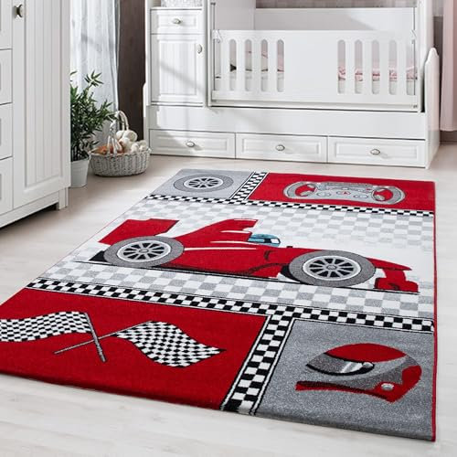 Carpetsale24 Kinderteppich Rennwagen Design Rot 120x170 cm – Rechteckiger Spielteppich für Jungs – Hautfreundlich & Farbenfroh
