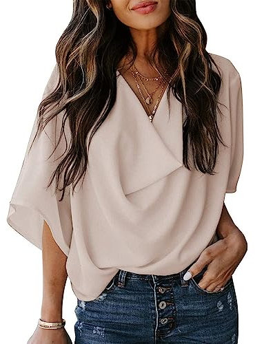 KBRPEY Blusa Mujer Elegante Drapeada Cuello V Camiseta Manga Corta Verano Top Casual Chiffon Blusas Moda Primavera Ropa Basica Oficina