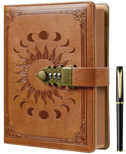 Lock Diary with Pen, Secret Diary with Lock, A5 Ruled 240 Pages PU Leather Journal with Lock, Refillable Hardcover journals for Writing Personal Planner Organizern, Size A5(85.9 × 8.5 Inch) SandyBrown