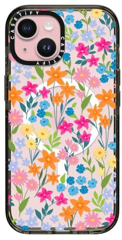 CASETiFY Impact Case for iPhone 15 [4X Military Grade Drop Tested / 8.2ft Drop Protection/Compatible with Magsafe] - bright spring flowers - Clear Black