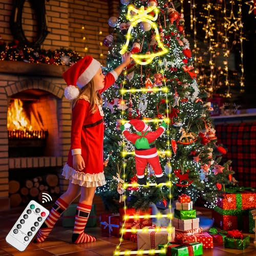 Hysagtek Babbo Natale su scala LED, 160 cm, catena luminosa natalizia per esterni, con 8 modalità, impermeabile, decorazione natalizia, balcone, per esterni, finestra (bianco caldo)