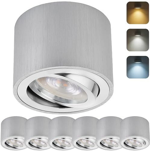 Sweet Led 6er Set Aufbaustrahler Alu Gebürstet Rund Flach Ø80x50mm Schwenkbar Aluminium Deckenspot Aufbauspots mit wechselbarem 5W CCT LED Modul 230V 3000K/4000K/6500K Warmweiß Neutralweiß Kaltweiß