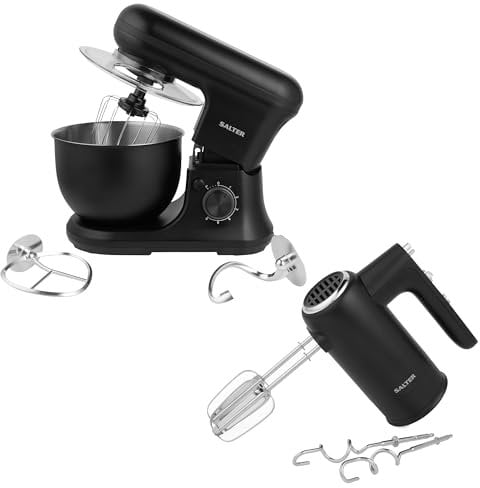 Salter COMBO-8846 Kuro Electric Baking Set – Includes Stand and Hand Mixer, Whisks With Dough Hook and Beater Attachments, 5L Stainless Steel Bowl, Removable Splash Guard, 300W/1200W, Black