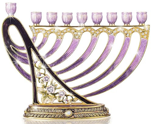 Ner Mitzvah Menora – Chanukka-Menora mit Schmucksteinen – Passend für alle gängigen Chanukka-Kerzen – Modernes Design mit Goldakzenten und Lila Schmucksteinen