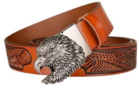 NALANY Herren Gürtel Ratsche Automatik Ledergürtel Adler Flagge Prägung Dekoration Mit Silber Gürtelschnalle Western Adler Kopf Automatikschließe,35mm Breit(120cm/47, Brown)