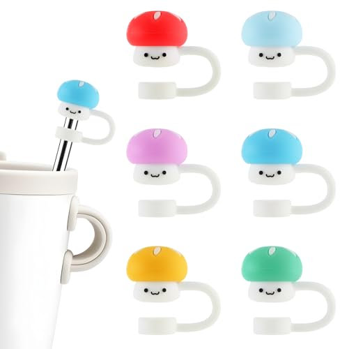 Tyqour 6pcs Silicone Mushroom Straw Topper Compatible with Stanley 20 30&40 Oz Cup, 10mm Cute Straw Toppers, Reusable Water Bottle Straw Cover for Stanley Cup Accessories