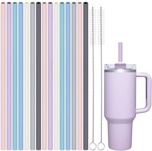 Tomorotec 15 pajitas de silicona reutilizables con 2 cepillos, aptas para vasos Stanley de 40 onzas, 30 onzas, 20 onzas, 12 pulgadas de largo, personalizables para varios vasos, aptas para